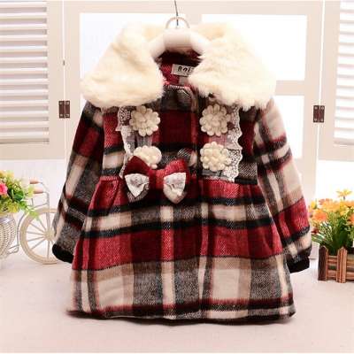 C12812 Girls Wollen Big Lapels Lace Plaid Coat 2~5y